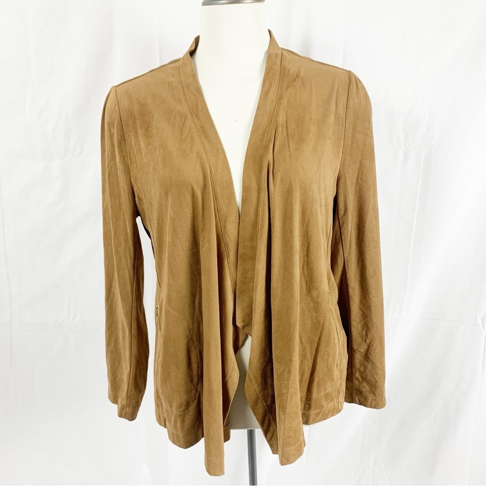 Tanjay Camel Brown Faux Suede Open Front Jacket with Gold Zip Pockets – Size 14